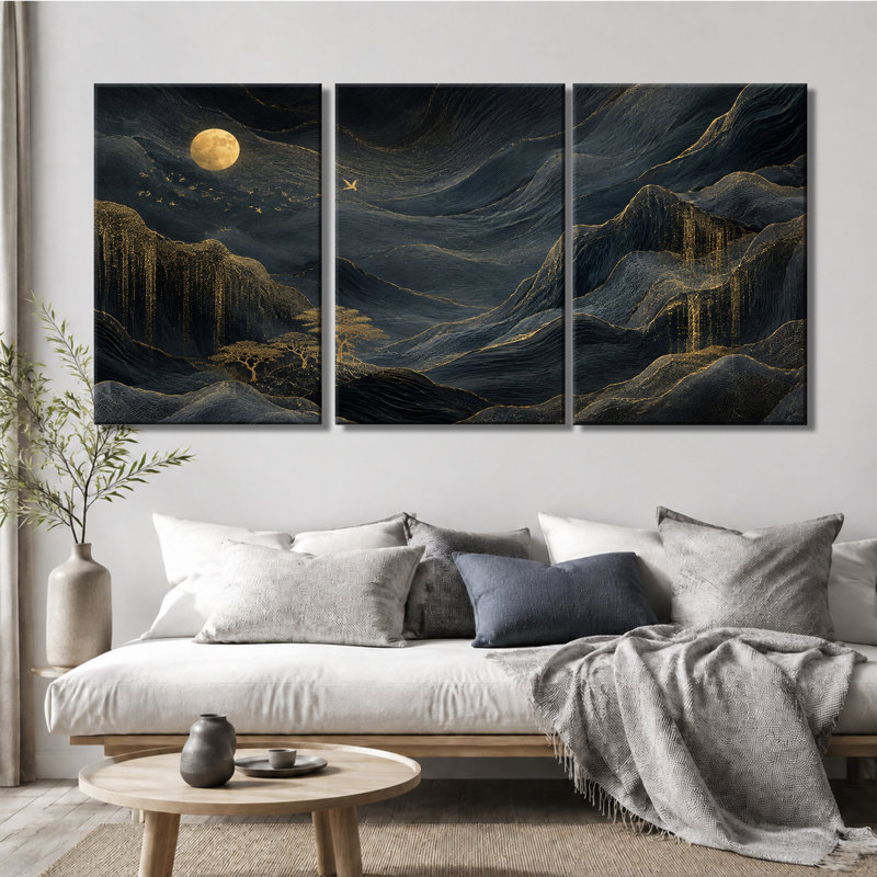 3 panneaux muraux Golden Moon Mountain Landscape, reproduction d'art sur toile tendue, 24 * 36 pouces * 3