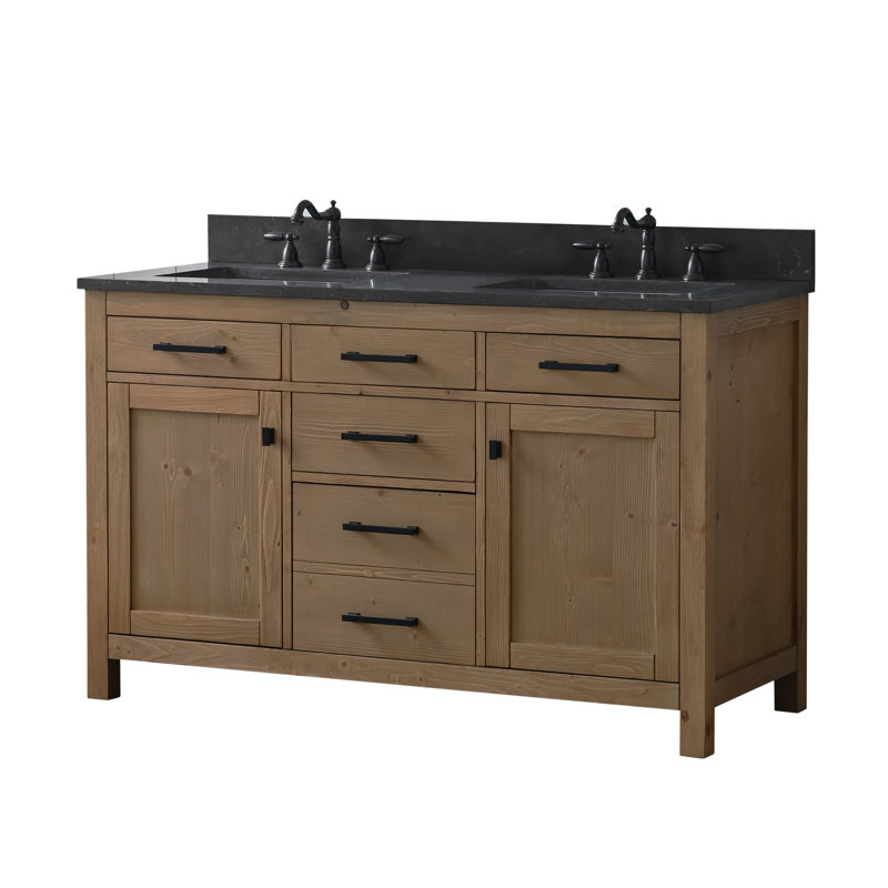 Ensemble de meuble-lavabo double 54 po Ajiya, Naturel texturé / noir mat, Blanc de Carrare