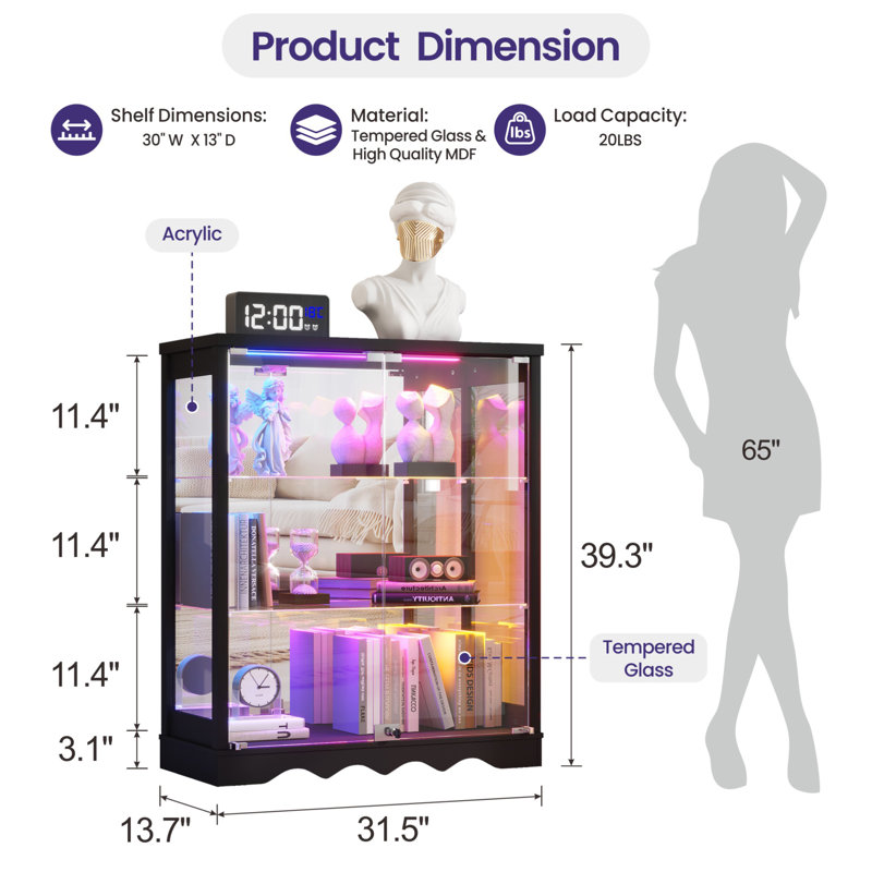 31"W 3-Tier Glass Display Cabinet with RGB Lights & Human Body Sensor, Black