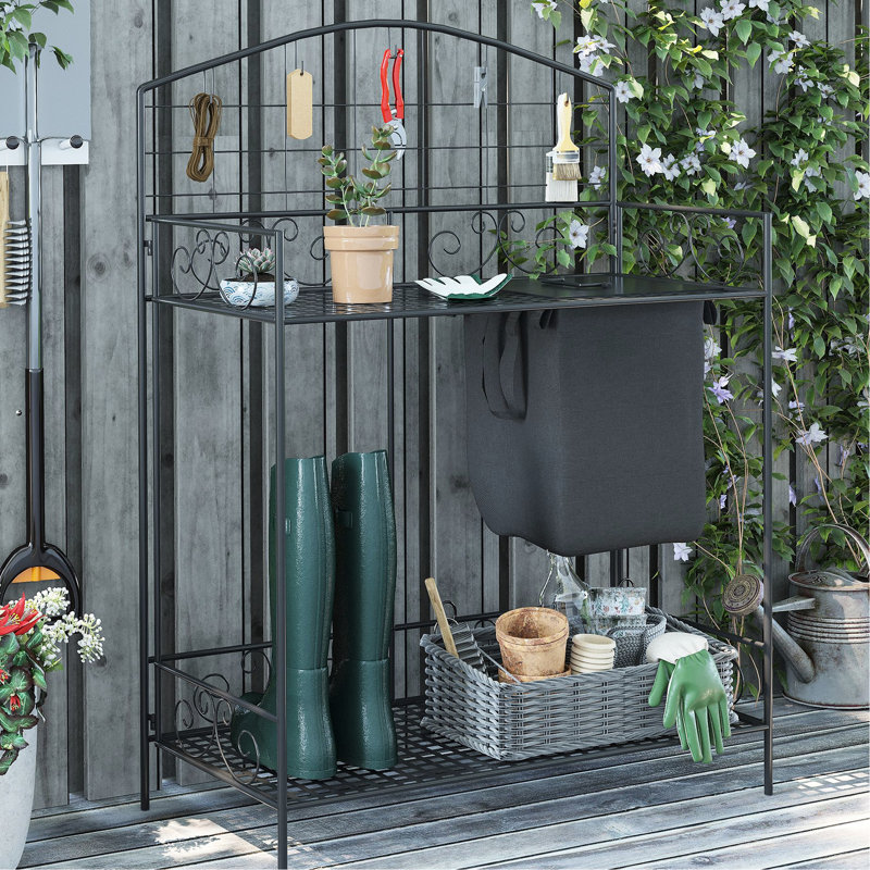 Bureau de rempotage pliable en métal avec rangement, sac et housse intégrés, 5 crochets et tablette, jardin ergonomique pour le confort, table de travail portable noire, banc pliable