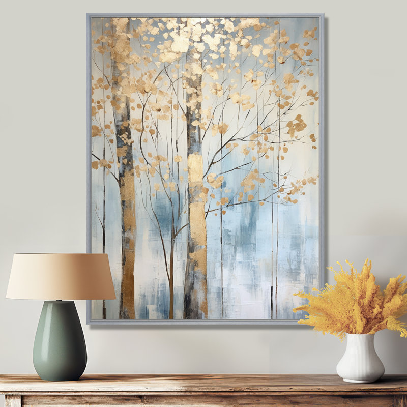 Or et bleu, arbres au trésor, paysage II - art mural arbres, H 20 po x l 12 po x P 1 po, Encadrement argenté