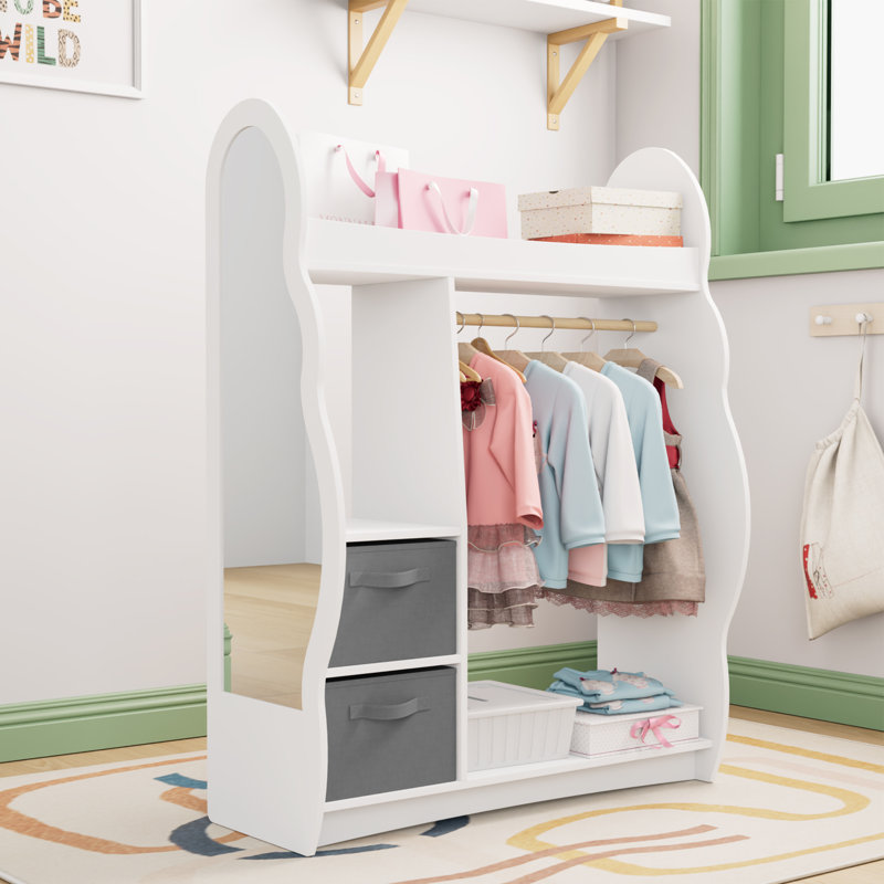 Kids Dress-Up Wardrobe with Child-Sized Mirror, Open Hanging Rail, Shelves & Drawers, White/Gray
