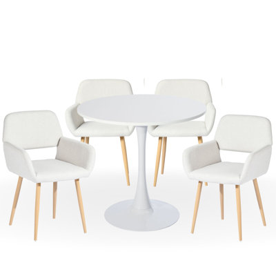 Modern 5-Piece Mid-Century Kitchen Dining Table Set – White Round Table with Beige Upholstered Chairs & Wood-Look Metal Legs for Dining Room, Café, Of