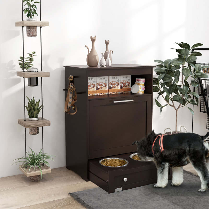 Armoire à fournitures brune pour animaux de compagnie - Comprend des bols surélevés pour faciliter l'alimentation et l'organisation avec un espace de rangement