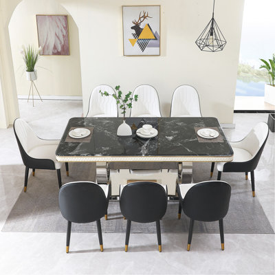 9 Pieces Luxury Black Dining Table Set, Modern 79" Rectangular Kitchen Table of 8 with Marble Top & Silver Stainless Steel Dual Circle Base, Dining Ro