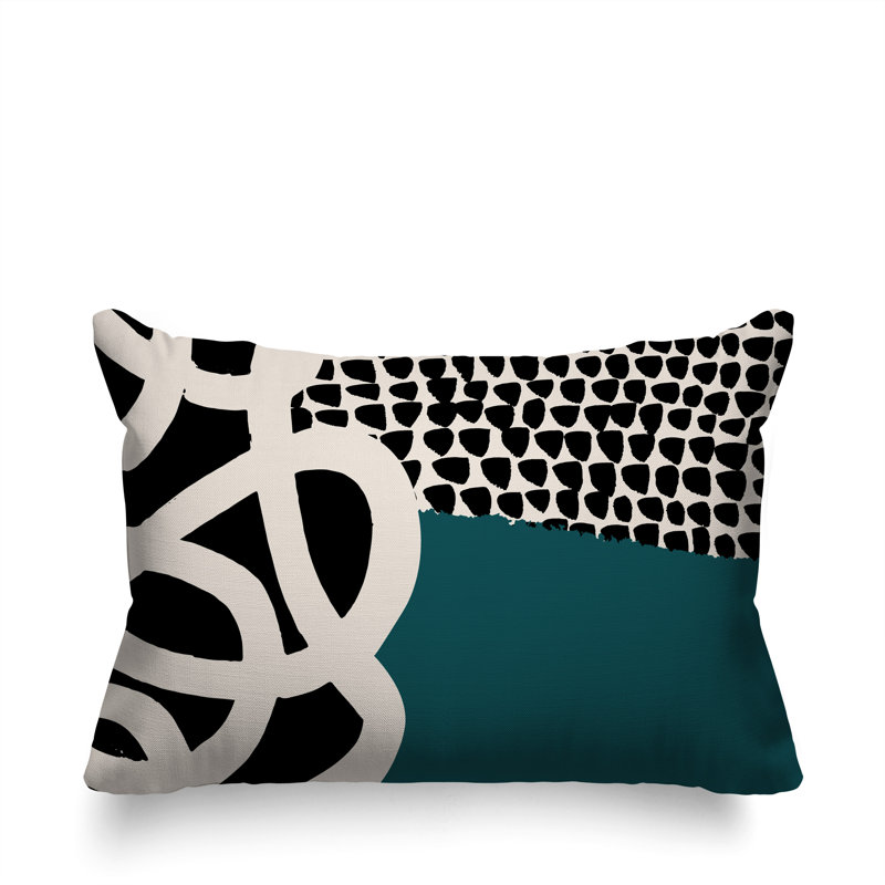 Oreiller rectangulaire réversible intérieur / extérieur Deo, Émeraude / noir / blanc cassé, H 14 po x l 20 po