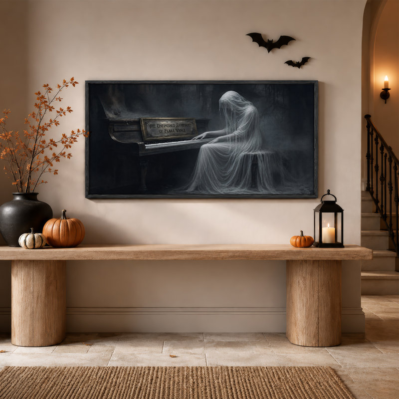 «Spectral figure jouer du piano dans une brume sombre», L 58 po x H 28 po