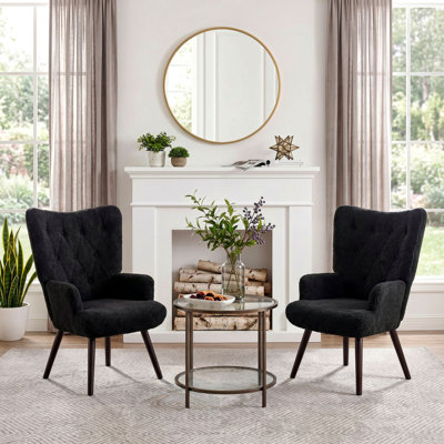 Accent Chairs Set Of 2, Comfy Upholstered Armchair With Metal Legs, High Backrest Living Room Chair, Wingback Chair Mid Century Modern For Living Room/Vanity/Bedroom, Black