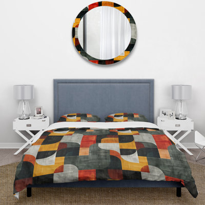 Red Yellow Midcentury Geometric Shapes I - Midcentury Colors Soft Line Duvet Cover Set
