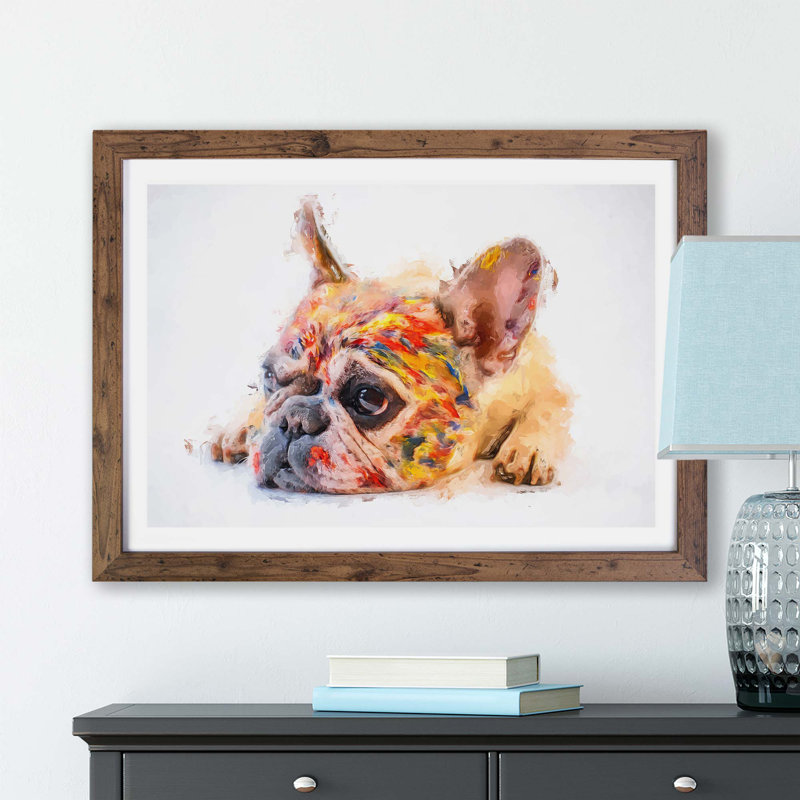 Painted French Bulldog - Framed Print, 62cm H x 87cm W x 2cm D, Walnut