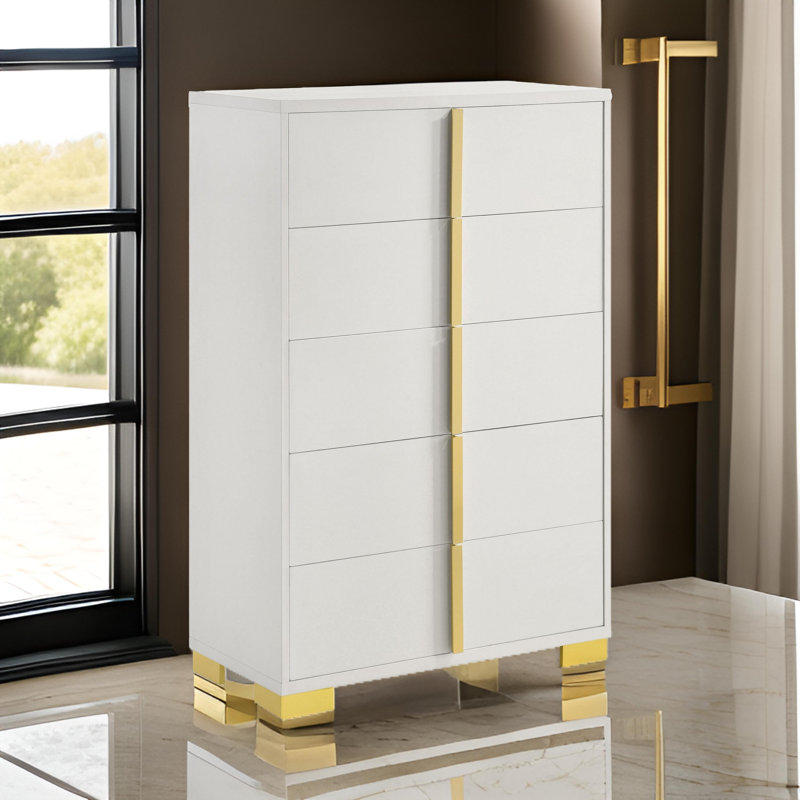 Commode 5 tiroirs Vranduk, Blanc