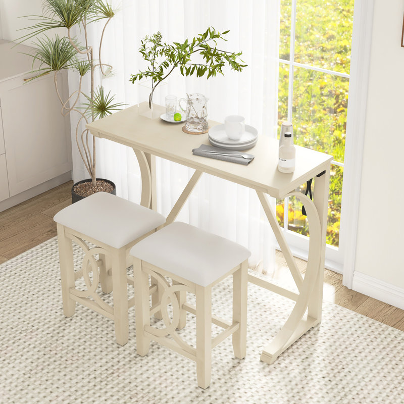 Ensemble de table de salle à manger 3 pièces à hauteur de bar en bois massif avec port USB, Crème, Crème