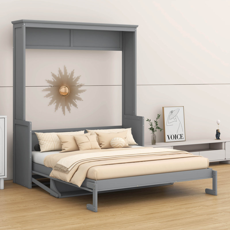 Grand lit escamotable avec tablette de rangement, lit escamotable en bois de pin, Gris