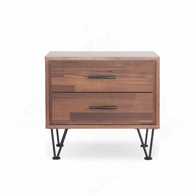 2 Drawers Nightstand With Metal Legs, Walnut, Walnut