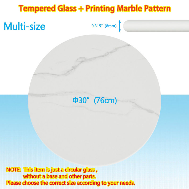 Plateau de table rond en verre trempé de 30 po avec motif en marbre blanc imprimé, rebord poli rond épais de 0,315 po (8 mm)