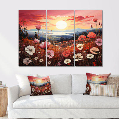 «Pink Crimson Flower Meadow Field II», ensemble d'art sur toile