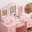 Princess Vanity Set - Tri-Fold Mirror, Lights, Stool & Drawers, 2-in-1 Wooden Makeup Desk & Study Table, Safe & Sturdy-1429450007