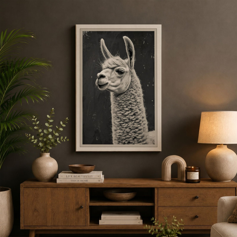 Alpaca Portrait Japandi - Wrapped Canvas, 36x24 - 91.4 x 61.0 cm, Sage Border