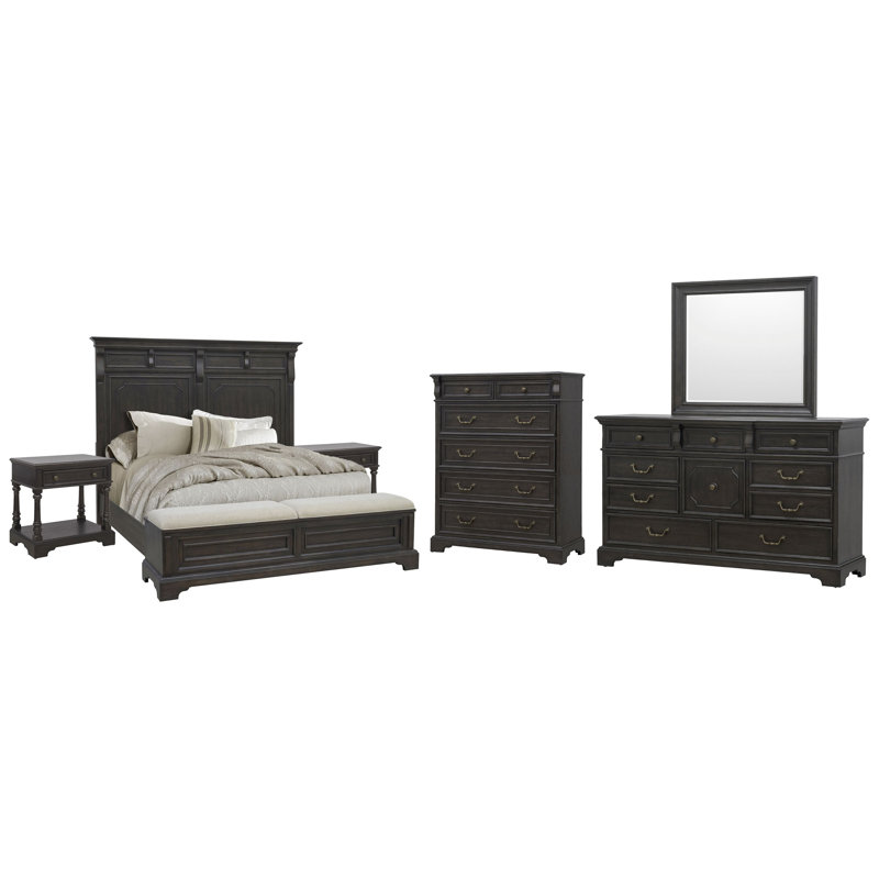 Très grande commode avec tiroir et commode avec tiroir et miroir, 6 pièces: lit, 2 tables de chevet, 2 commodes, mi