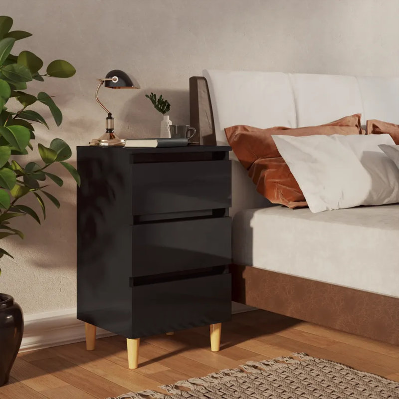 Solihull Bed Cabinet with Solid Wood Legs, Black, 1