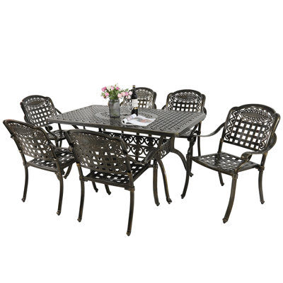 Ensemble de salle à manger 7 pièces pour l'extérieur, ensemble de patio en aluminium coulé toutes saisons avec 6 chaises, 1 table rectangulaire, 2 trous de parasol, bronze foncé
