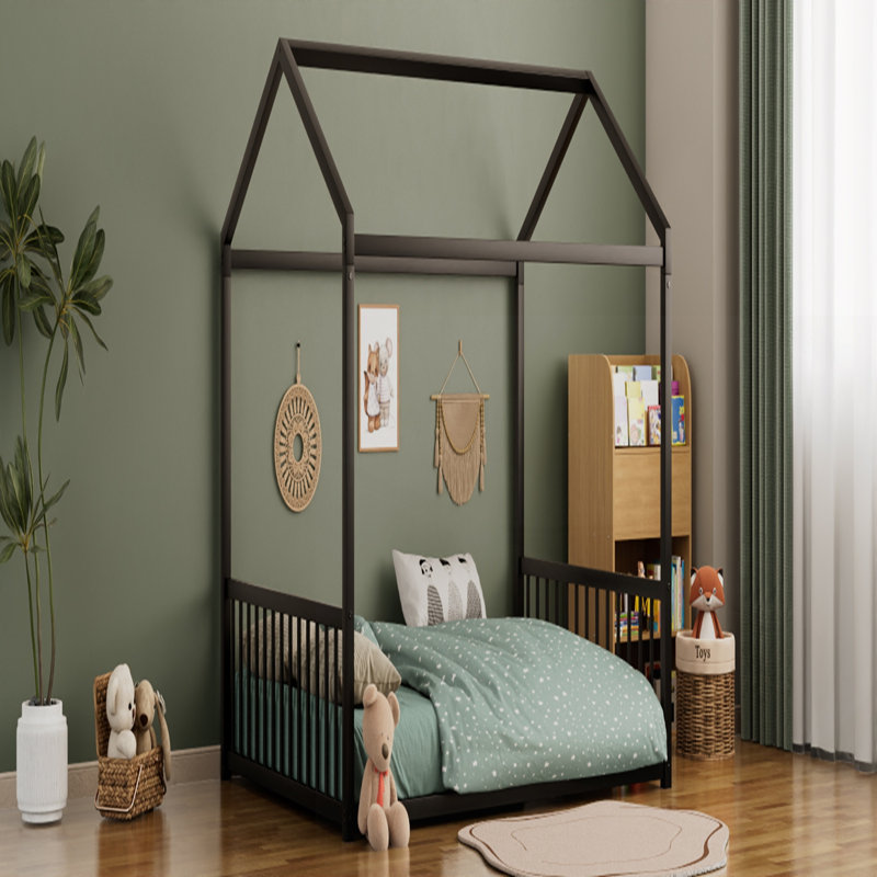 Structure de lit pleine grandeur en métal de style Montessori, en forme de maison avec barrières de sécurité verticales pour enfants et tout-petits, facile à assembler, sans lattes, noir