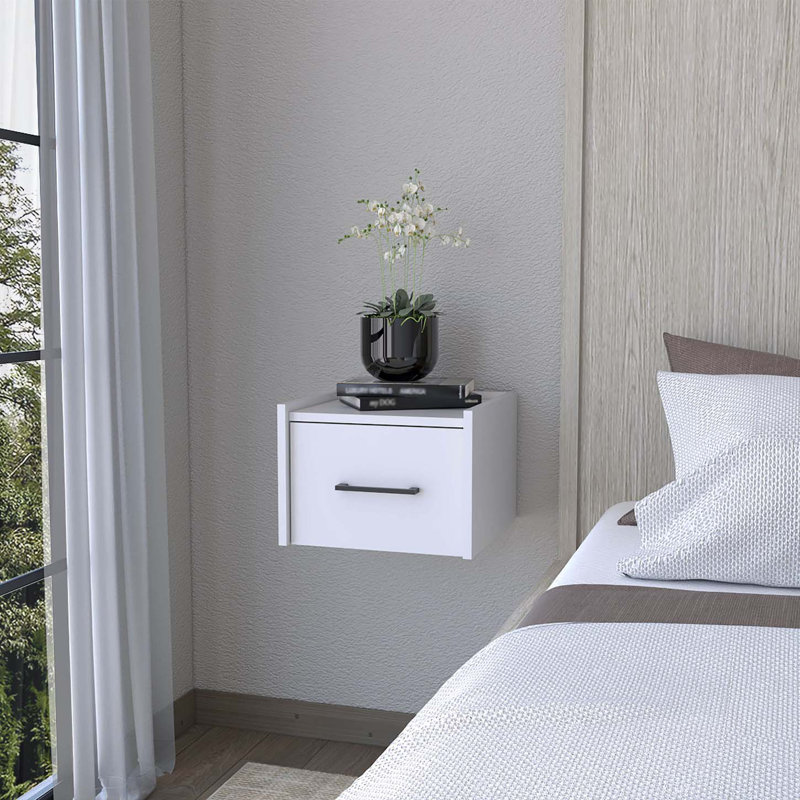 Wall-Mounted Floating Nightstand, Cabinet with Single Drawer, White