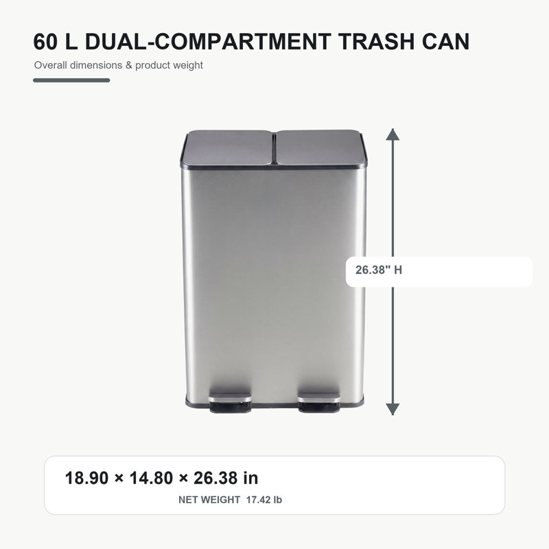 Poubelle de recyclage et poubelle à deux compartiments en acier inoxydable gris mat de 16 gallons, Gris mat