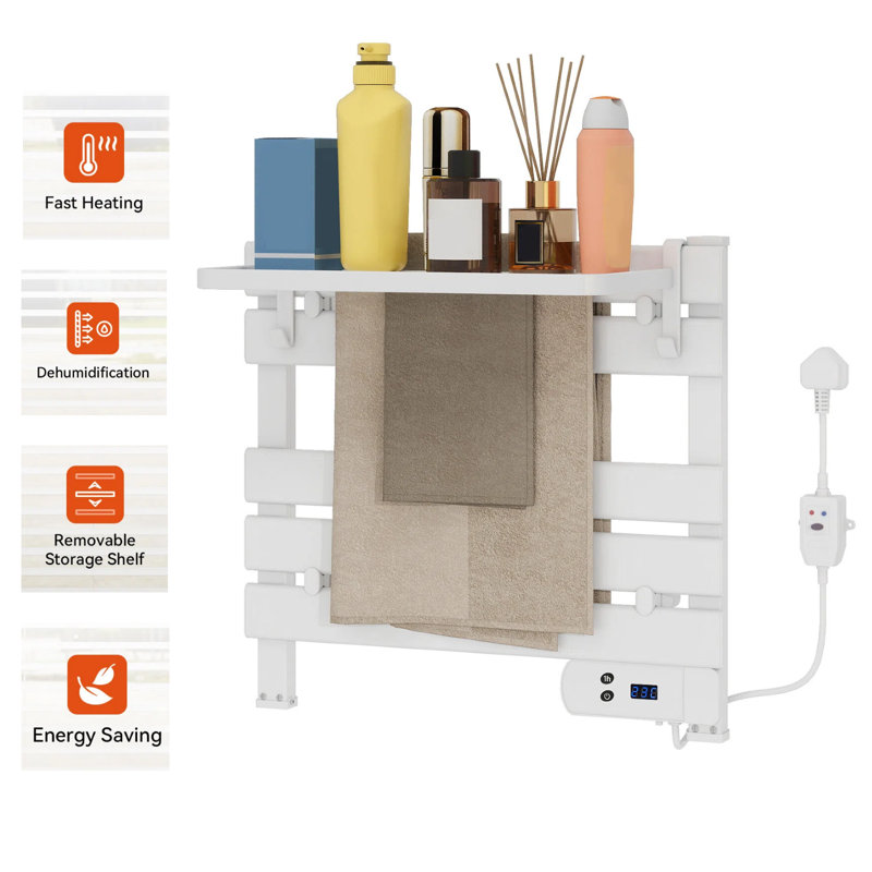 Electric Heated Towel Rail with Timer, Bathroom Warmer Ladder Radiator with Adjustable Storage Shelf