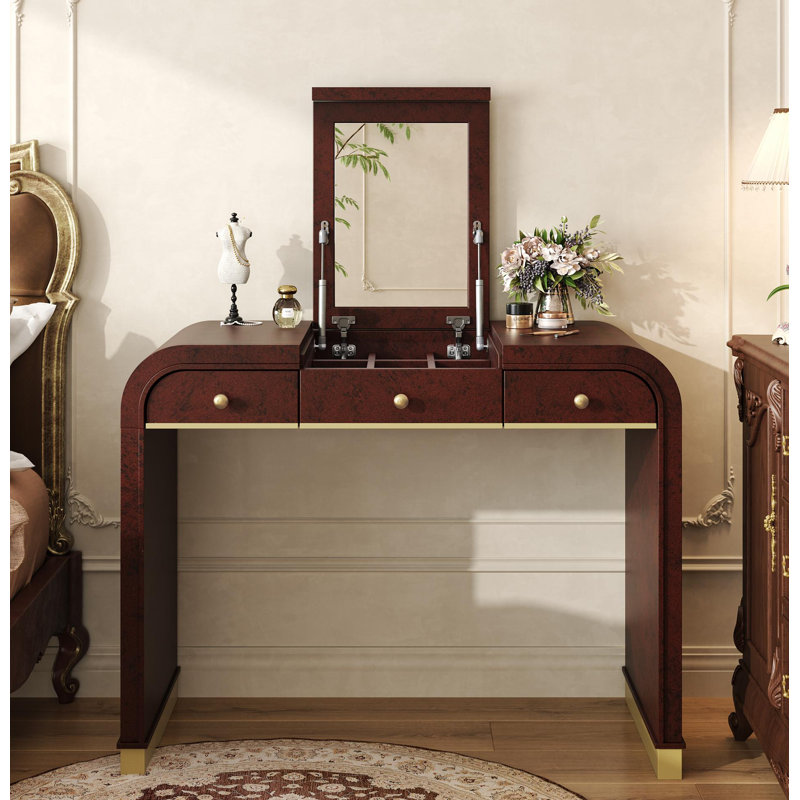 Meuble-lavabo classique en bois avec miroir rabattable, coiffeuse 3 en 1 avec 2 tiroirs et espace de rangement pour la chambre à coucher, espresso