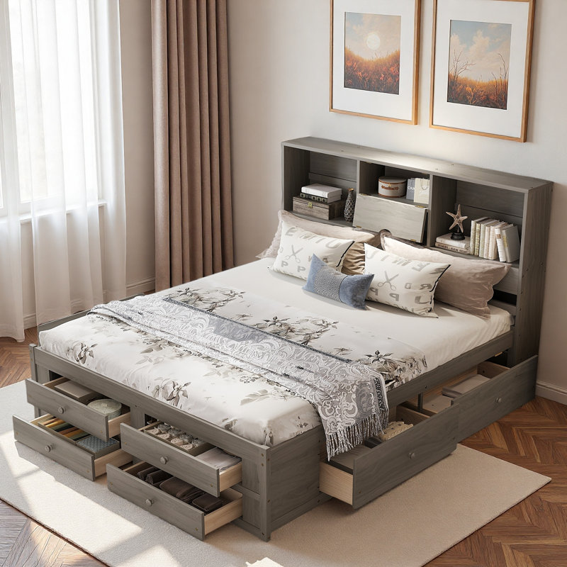 Lit plateforme avec tête de lit avec rangement et 8 tiroirs, Gris, Très grand lit