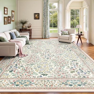 Tapis bohème rose à fleurs, lavable, doux et à poils courts, avec envers antidérapant, idéal pour le salon, la chambre à coucher, la salle à manger et le bureau à domicile.