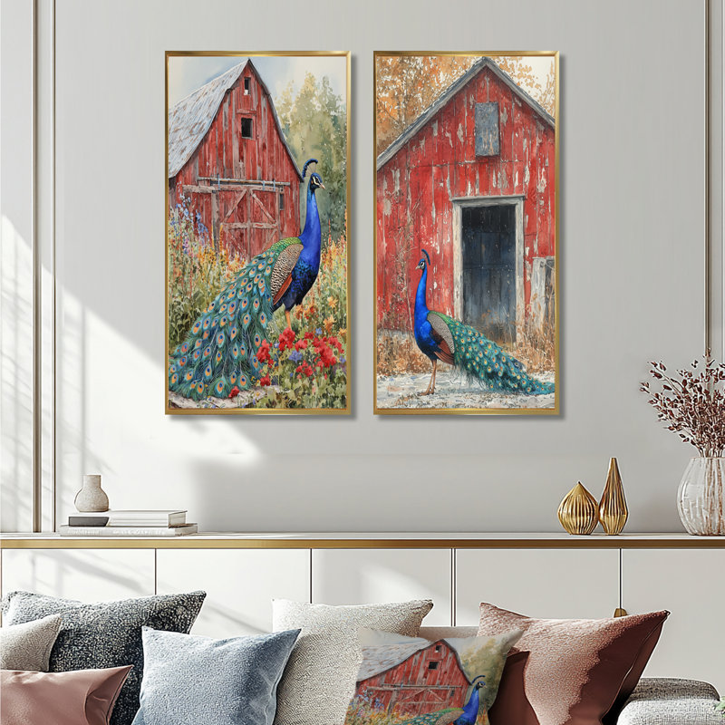 «Peacock At The Farm Garden I», art sur toile 2 panneaux, H 40 po x l 41 po, Cadre flottant doré