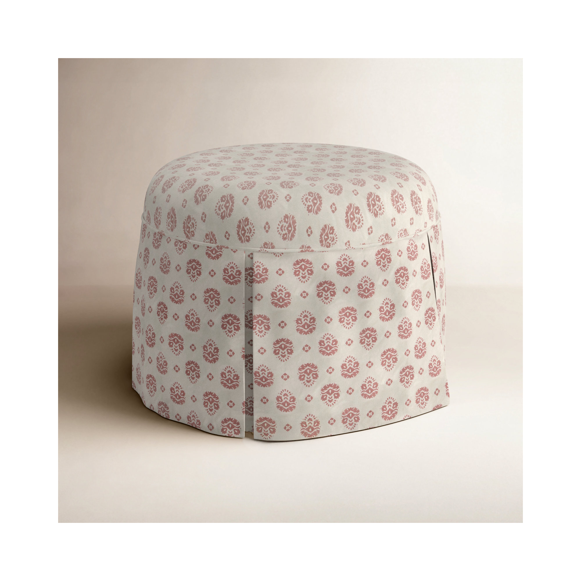 Manders 25" Round Ottoman, All Block Floral Dusty Red