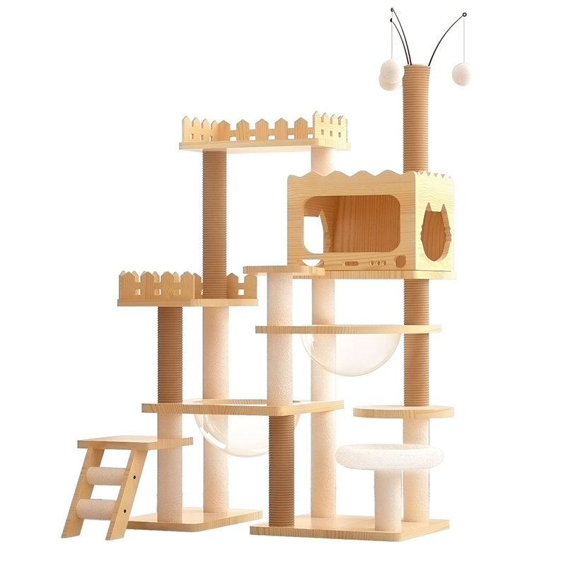 Wood Cat Tree Tower With Sisal-Covered Scratching Posts And Top Perch