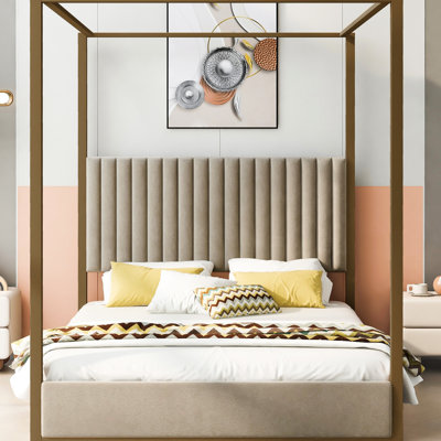 Queen Size Upholstery Canopy Platform Bed With Headboard And Metal Frame, Beige
