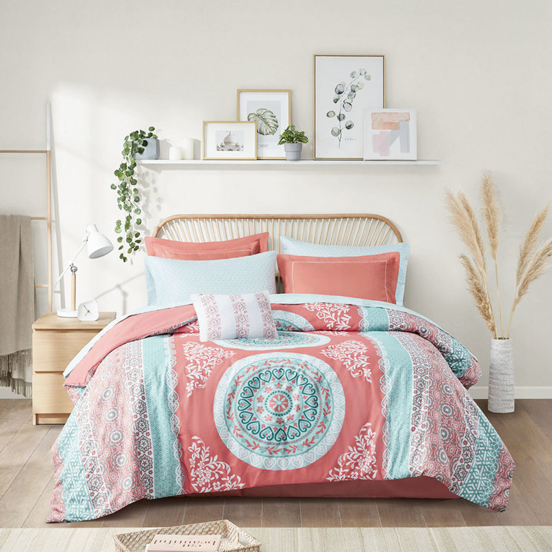 Édredon pour lit simple TG et drap - motif de médaillon corail, rembourrage, conception de literie plate, microfibre, taie d'oreiller incluse
