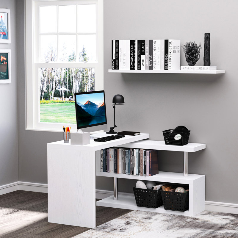 Bureau pivotant à 360 degrés, en forme de L, blanc, avec 3 tablettes de rangement pour les tablettes de travail rotatives