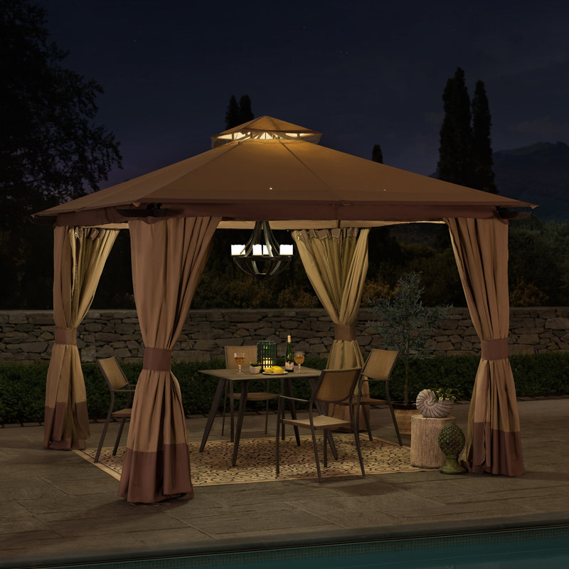 Sunjoy 12 x 12 ft Aluminum Frame 2-Tier Steel Soft Top Gazebo with Netting and Curtains, Beige/Dark Brown