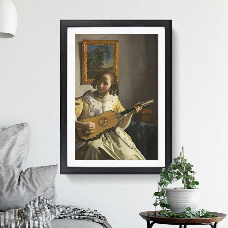 Girl Playing Instrument by Johannes Vermeer - Picture Frame Painting, 65cm H x 48cm W x 2cm D, Black Framed