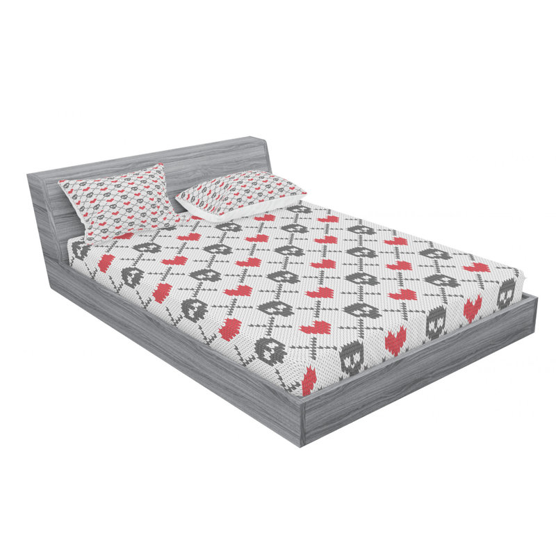 Ambesonne Fitted Sheet & Sham Set, Full Sheet Set with 2 Pillowcases, Gray/Red/White Skull Heart