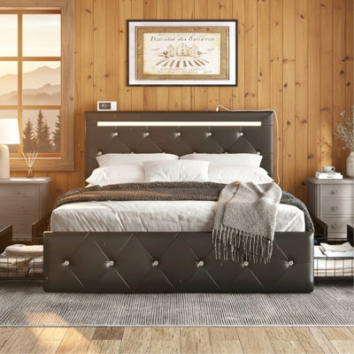 Black Bed Frame With Adjustable Headboard, 4 Storage Drawers, Led , And Charging Station - A Practical Modern Bedroom Option For Stylish Bedrooms Full Size Luxury Comfortable Living