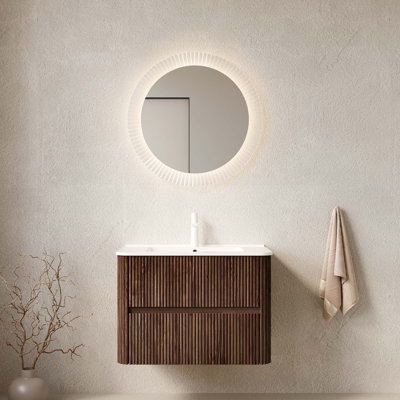 Meuble-lavabo mural flottant avec lavabo intégré en céramique et deux tiroirs de rangement