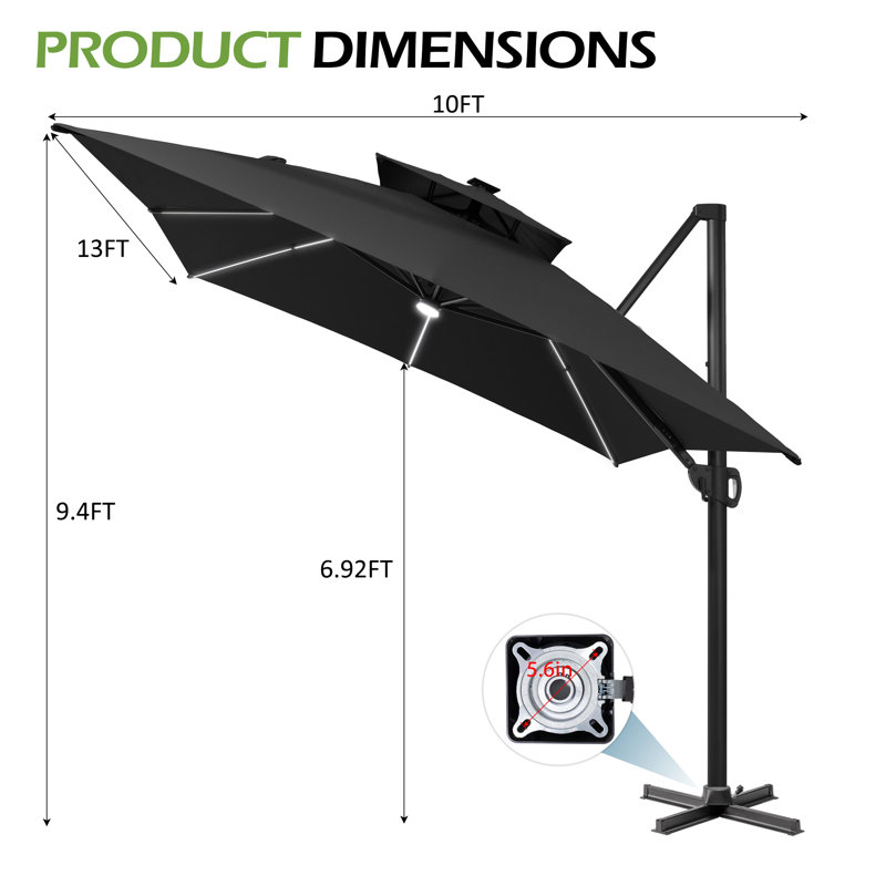 Parasol extérieur rectangulaire en porte-à-faux à DEL 153 po x 116 po sans base lestée, Noir