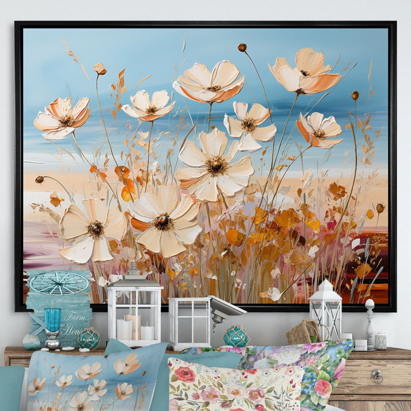 «Beige Wildflowers», impression sur toile, H 30 po x l 40 po x P 1,5 po, Cadre flottant noir