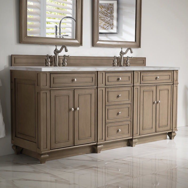 Meuble-lavabo double l 72 po Bristol, Noyer blanchi, Argent victorien, 8 po