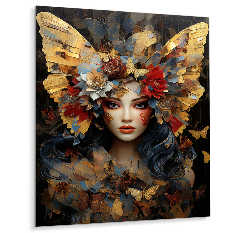 Portrait de femme glamour papillon doré, H 32 po x l 16 po x P 1 po