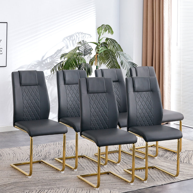     Kimara Modern Faux Leather Diamond Quilt Cantilever Dining Chairs , Gold, Dark Gray