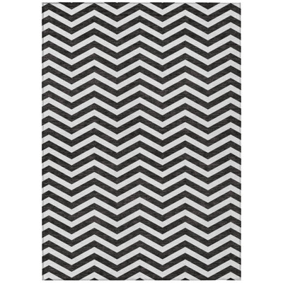 3' X 5' Black And Ivory Chevron Washable Indoor Outdoor Area Rug