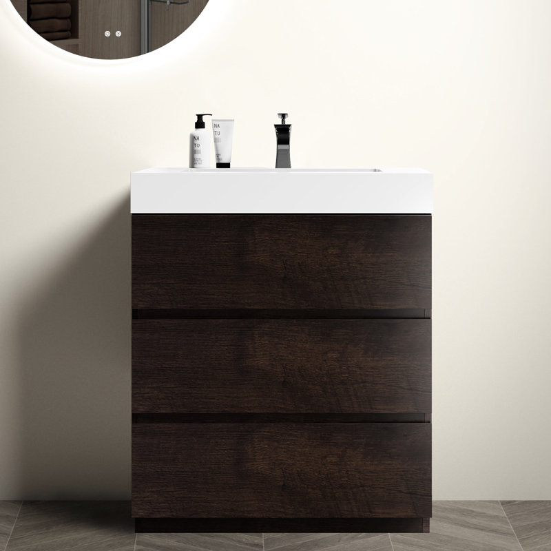 30" Walnut Bathroom Vanity - , Contemporary Storage Part, Large Storage, White Sink, Drawers Modern Decoration Item, Max Basin, Quiet Drawer Slides